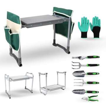 Garden Kneeler and Seat with Soft Foam Pad - Six Gardening Tools - Bags and Gloves -Gardenig Work Se...