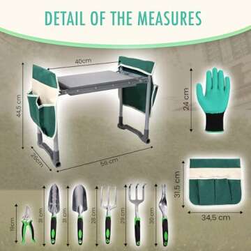 Garden Kneeler and Seat with Soft Foam Pad - Six Gardening Tools - Bags and Gloves -Gardenig Work Seats - Gardening Supplies - Gardening Gifts for Men and Women - Garden Kneeling Bench with Handles.