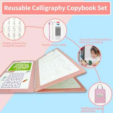 Reusable Grooved Handwriting Practice Workbook,Magic Practice Copybook,Reusable Writing Practice Book, for Preschool Kids Age 3-8 Calligraphy (Pink Bag, 10.3inx7.3in)