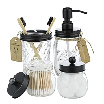 IMAVO Mason Jar 4 Pcs Bathroom Accessories Set - Mason Jar Toothbrush Holders & Soap Dispenser & 2 Q...
