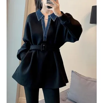 LAI MENG FIVE CATS Women's Casual Long Sleeve V Neck Sweatshirt Tops With Belt