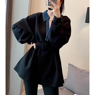 LAI MENG FIVE CATS Women's Casual Long Sleeve V Neck Sweatshirt Tops With Belt