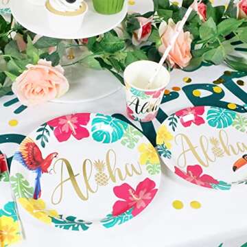 Luau Plates and Napkins Decorations, Disposable Tropical Hawaiian Flamingo Party Tableware for 24 Guests, 120 Pcs Include 9” and 7” Plates Napkins Cups and Straws, Summer Beach Themed Party Supplies