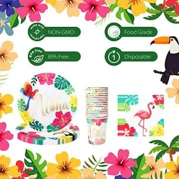 Luau Plates and Napkins Decorations, Disposable Tropical Hawaiian Flamingo Party Tableware for 24 Guests, 120 Pcs Include 9” and 7” Plates Napkins Cups and Straws, Summer Beach Themed Party Supplies