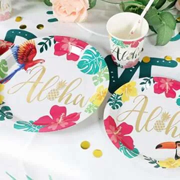Luau Plates and Napkins Decorations, Disposable Tropical Hawaiian Flamingo Party Tableware for 24 Guests, 120 Pcs Include 9” and 7” Plates Napkins Cups and Straws, Summer Beach Themed Party Supplies