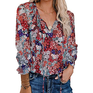 FARYSAYS Women's Holiday Shirts for Women Dressy Fashion Casual V Neck Long Sleeve Floral Print Boho...