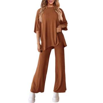 PRETTYGARDEN Women's 2 Piece Outfits Casual Short Sleeve Pullover Tops and Wide Leg Pants Lounge Sets Tracksuits (Brown,Large)