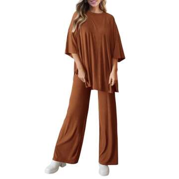 PRETTYGARDEN Women's 2 Piece Outfits Casual Short Sleeve Pullover Tops and Wide Leg Pants Lounge Sets Tracksuits (Brown,Large)