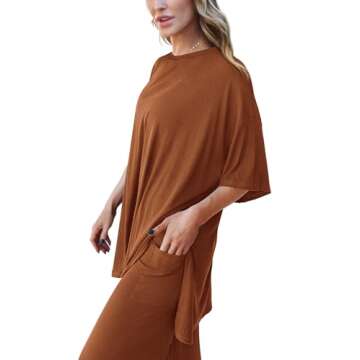 PRETTYGARDEN Women's 2 Piece Outfits Casual Short Sleeve Pullover Tops and Wide Leg Pants Lounge Sets Tracksuits (Brown,Large)