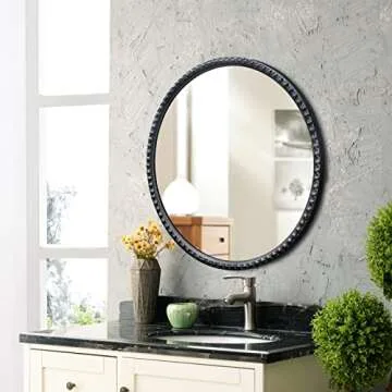 YIDIE Marlowe Style Round Mirror, 28 inch Metal Beaded Frame Decorative Accent Wall Mirror,Black