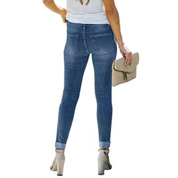 Vetinee Women's Celestial Blue High Rise Front Button Up Cuffed Stretch Skinny Jeans Slim Fit Denim Pants Medium(US 8-10)