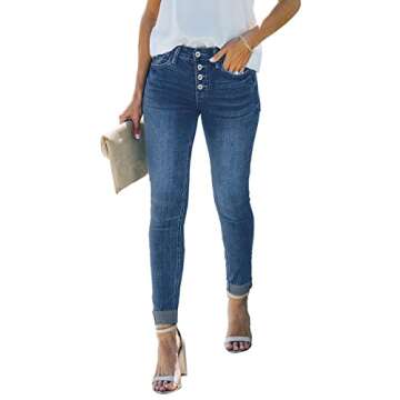 Vetinee Women's Celestial Blue High Rise Front Button Up Cuffed Stretch Skinny Jeans Slim Fit Denim Pants Medium(US 8-10)