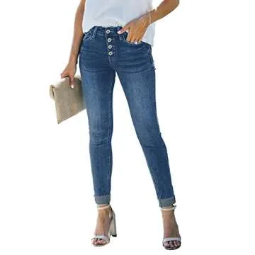 Vetinee Women's Celestial Blue High Rise Front Button Up Cuffed Stretch Skinny Jeans Slim Fit Denim Pants Medium(US 8-10)