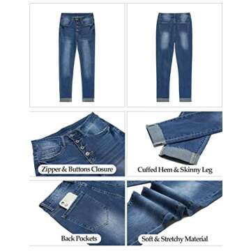 Vetinee Women's Celestial Blue High Rise Front Button Up Cuffed Stretch Skinny Jeans Slim Fit Denim Pants Medium(US 8-10)