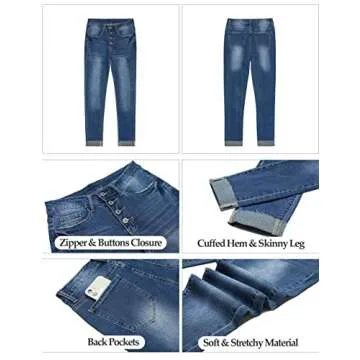 Vetinee Women's Celestial Blue High Rise Front Button Up Cuffed Stretch Skinny Jeans Slim Fit Denim Pants Medium(US 8-10)