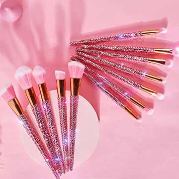 Belicious Bling Rhinestone Makeup Brush Set - Premium Synthetic Foundation Powder Concealers Eyeshadow Contour Makeup - 12 Pcs Brush Set (Pink)