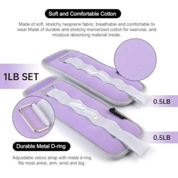 Ankle Weights, Wrist Leg Arm Weights for Women Men Kids Child with Adjustable Straps,A Pair Of 1LBS(0.5LB Each Weight) Strength Training Weighted for Jogging, Running, Walking, Fitness, Light Purple