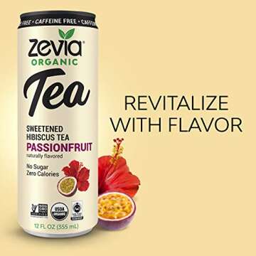 Zevia Organic Sugar Free Iced Tea, Caffeine Free Hibiscus Tea Passionfruit, 12 Ounce Cans (Pack of 12)