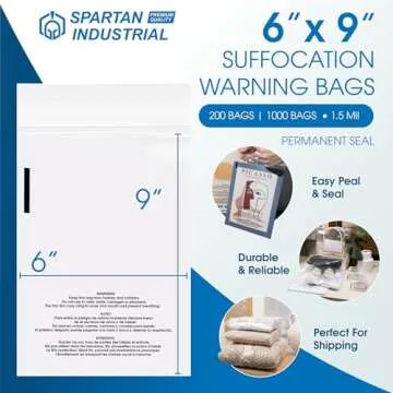 Spartan Industrial - 6" X 9" (1000 Count) Self Seal Clear Poly Bags with Suffocation Warning for Pac...