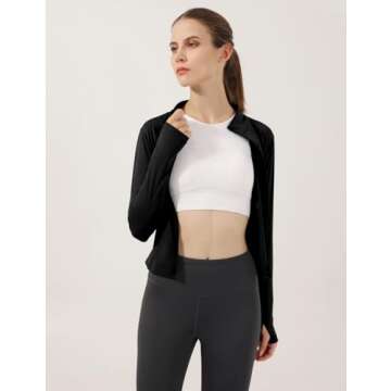 Locachy Women's Lightweight Stretchy Workout Full Zip Running Track Jacket with Thumb Holes Black M