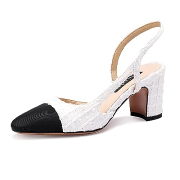 Adrizzlein Womens Slingback Pumps Closed Round Toe Two Toned Casual Office Shoes White Knit Size 7.5