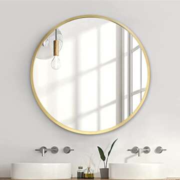 ZENIDA Round Wall Mirror,24-inch Large Circle Mirror,Gold Metal Framed Wall-Mounted Bathroom Mirror,Decorative Round Mirror for Bathroom Decor,Vanity Bedroom,Living Room,Entryway