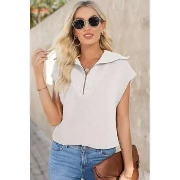 Dokotoo Womens Spring Summer Tops Basic Loose Sleeveless Quarter Zip Pullover Knit Top Casual Blouse Tees Sweater Vest Women Cute Sweater White Medium