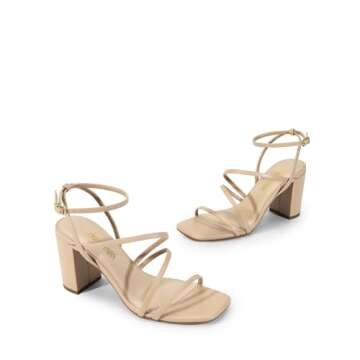 DREAM PAIRS Women's Heels Chunky Block Strappy Square Open Toe Ankle Buckle Heeled Sandals Wedding Party Dress Shoes Indie,Size 6.5,Nude,SDHS2428W