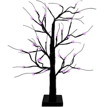 SURCVIO 2 FT Halloween Decorations Black Spooky Tree with 36 Purple LED Lights, Battery Operated and...