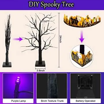 SURCVIO 2 FT Halloween Decorations Black Spooky Tree with 36 Purple LED Lights, Battery Operated and Can be Timed, Halloween Artificial Birch Tree Decor for Home Indoor Tabletop (Battery Not Include)