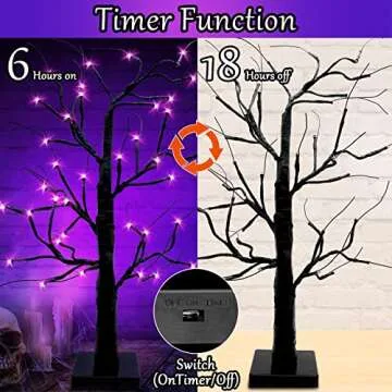 SURCVIO 2 FT Halloween Decorations Black Spooky Tree with 36 Purple LED Lights, Battery Operated and Can be Timed, Halloween Artificial Birch Tree Decor for Home Indoor Tabletop (Battery Not Include)