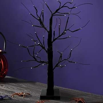 SURCVIO 2 FT Halloween Decorations Black Spooky Tree with 36 Purple LED Lights, Battery Operated and Can be Timed, Halloween Artificial Birch Tree Decor for Home Indoor Tabletop (Battery Not Include)