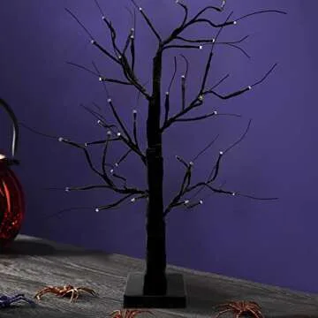 SURCVIO 2 FT Halloween Decorations Black Spooky Tree with 36 Purple LED Lights, Battery Operated and Can be Timed, Halloween Artificial Birch Tree Decor for Home Indoor Tabletop (Battery Not Include)