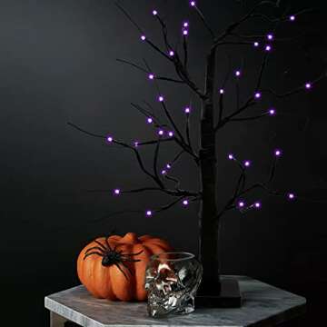 SURCVIO 2 FT Halloween Decorations Black Spooky Tree with 36 Purple LED Lights, Battery Operated and Can be Timed, Halloween Artificial Birch Tree Decor for Home Indoor Tabletop (Battery Not Include)