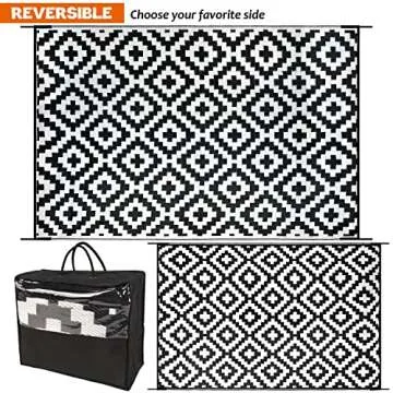 SAND MINE Waterproof Outdoor Rug 6x9 ft, Reversible Mats, Modern Area Rug, Large Floor Mat and Rug for Outdoors, RV, Patio, Backyard, Deck, Picnic, Beach, Trailer, Camping, Black & White Lattice