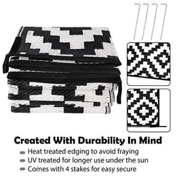 SAND MINE Waterproof Outdoor Rug 6x9 ft, Reversible Mats, Modern Area Rug, Large Floor Mat and Rug for Outdoors, RV, Patio, Backyard, Deck, Picnic, Beach, Trailer, Camping, Black & White Lattice