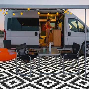 SAND MINE Waterproof Outdoor Rug 6x9 ft, Reversible Mats, Modern Area Rug, Large Floor Mat and Rug for Outdoors, RV, Patio, Backyard, Deck, Picnic, Beach, Trailer, Camping, Black & White Lattice