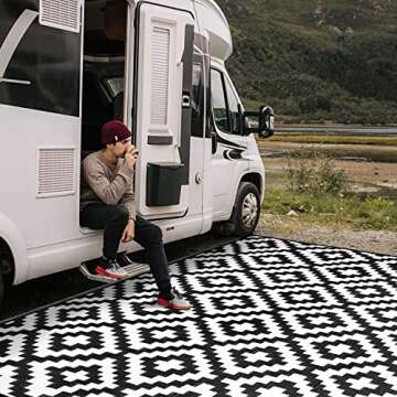 SAND MINE Waterproof Outdoor Rug 6x9 ft, Reversible Mats, Modern Area Rug, Large Floor Mat and Rug for Outdoors, RV, Patio, Backyard, Deck, Picnic, Beach, Trailer, Camping, Black & White Lattice