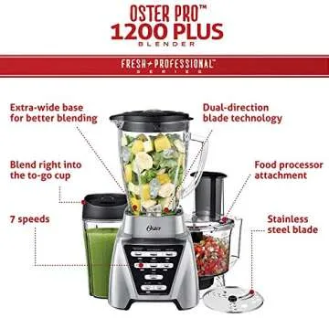 Oster Blender | Pro 1200 with Glass Jar, 24-Ounce Smoothie Cup and Food Processor Attachment, Brushed Nickel - BLSTMB-CBF-000