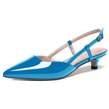 MODENCOCO Women's French Blue Patent Leather Slingback Ankle Strap Low Heel Pointed Toe Kitten 1.5 I...