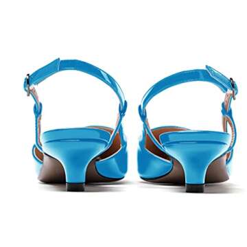 MODENCOCO Women's French Blue Patent Leather Slingback Ankle Strap Low Heel Pointed Toe Kitten 1.5 Inch Pumps Business Office Work Dress Shoes Size 6.5 - Tacones de Mujer