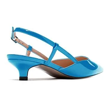 MODENCOCO Women's French Blue Patent Leather Slingback Ankle Strap Low Heel Pointed Toe Kitten 1.5 Inch Pumps Business Office Work Dress Shoes Size 6.5 - Tacones de Mujer