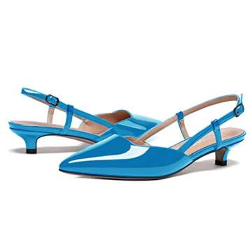 MODENCOCO Women's French Blue Patent Leather Slingback Ankle Strap Low Heel Pointed Toe Kitten 1.5 Inch Pumps Business Office Work Dress Shoes Size 6.5 - Tacones de Mujer