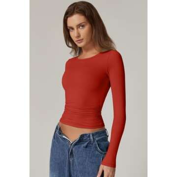 QINSEN Womens Double Lined Shirts Crewneck Side Ruched Crop Tops Long Sleeve Keep Warm Going Out Tops Cherry Tomato L