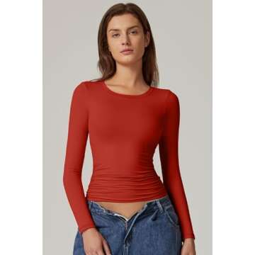 QINSEN Womens Double Lined Shirts Crewneck Side Ruched Crop Tops Long Sleeve Keep Warm Going Out Tops Cherry Tomato L