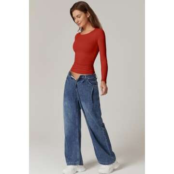 QINSEN Womens Double Lined Shirts Crewneck Side Ruched Crop Tops Long Sleeve Keep Warm Going Out Tops Cherry Tomato L