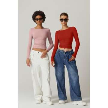 QINSEN Womens Double Lined Shirts Crewneck Side Ruched Crop Tops Long Sleeve Keep Warm Going Out Tops Cherry Tomato L