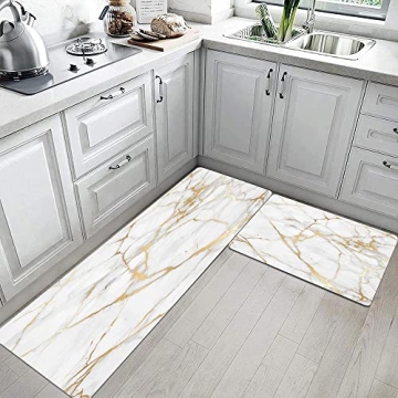 Mrcrypos Cushioned Gold White Kitchen Rugs Non-Slip Mats