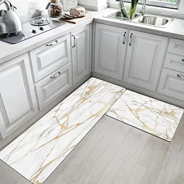 Mrcrypos Cushioned Gold White Kitchen Rugs Non-Slip Mats