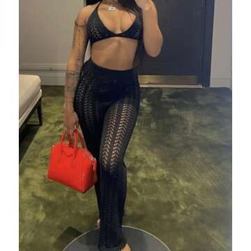 Salimdy Sexy Club Outfits for Women - See Through Two Piece Outfits Backless Bra Top Long Pant Jumpsuit Black S